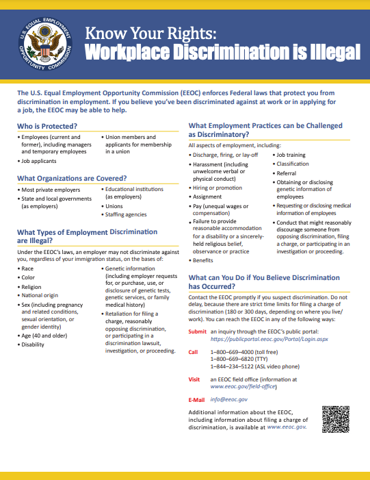 CLICK HERE FOR THE “KNOW YOUR RIGHTS: WORKPLACE DISCRIMINATION IS ILLEGAL” POSTER IN ENGLISH