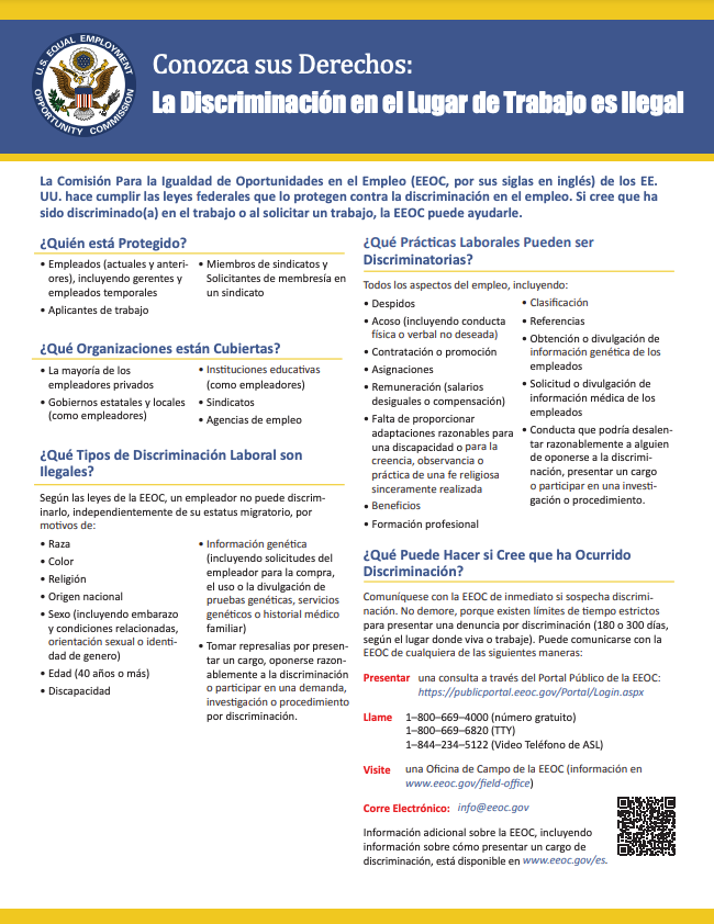 HAGA CLIC AQUÍ PARA VER EL CARTEL EN ESPAÑOL "CONOZCA SUS DERECHOS: LA DISCRIMINACIÓN EN EL LUGAR DE TRABAJO ES ILEGAL"